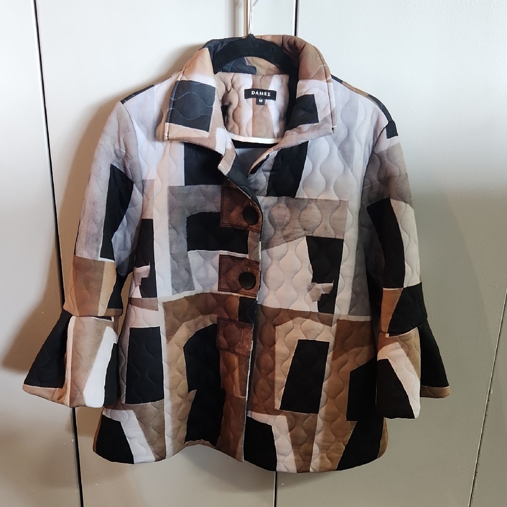 Danier Patchwork Quilted Pea Coat in Beige, Brown & Black